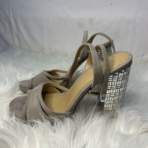 Michael Kors Y2k Taupe Suede Heels with Bedazzled Block Heel